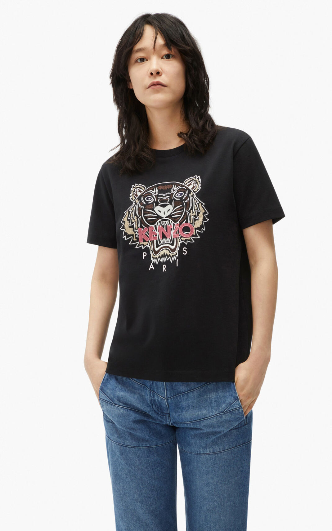 T Shirt Kenzo Loose fitting Tiger Femme Noir | RUNH-61529